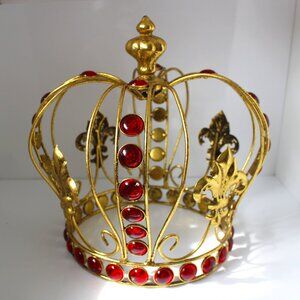 Gold Crown Fleur de Lis Ruby Red Jeweled Crown Festive Decorative Metal Wearable